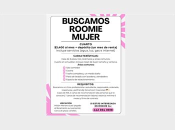 Roomgo MX - BUSCAMOS ROOMIE MUJER, Querétaro - MX$3,400 por mes