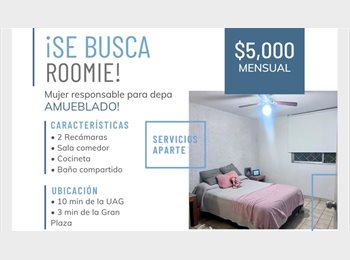 Roomgo MX - Se busca roomie mujer responsable para depa amueblado, Zapopan - MX$5,000 por mes