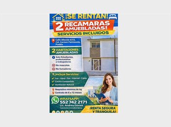 Roomgo MX - SE RENTAN 2 CUARTOS AMUEBLADOS SERVICIOS INCLUIDOS, Puebla - MX$4,500 por mes