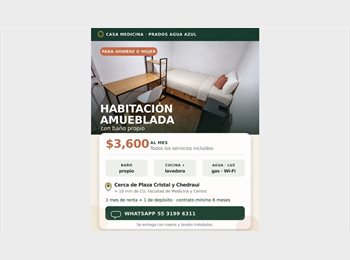 Roomgo MX -  HABITACIÓN AMUEBLADA CON BAÑO PRIVADO, Puebla - MX$3,600 por mes
